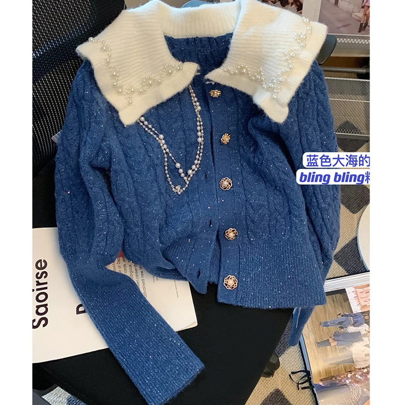 

Navy Blue Women's Clothing Sweater Fashion Vintage Short Outerwear Doll Collar Single-breasted Winter Cardigan Knitting Tops