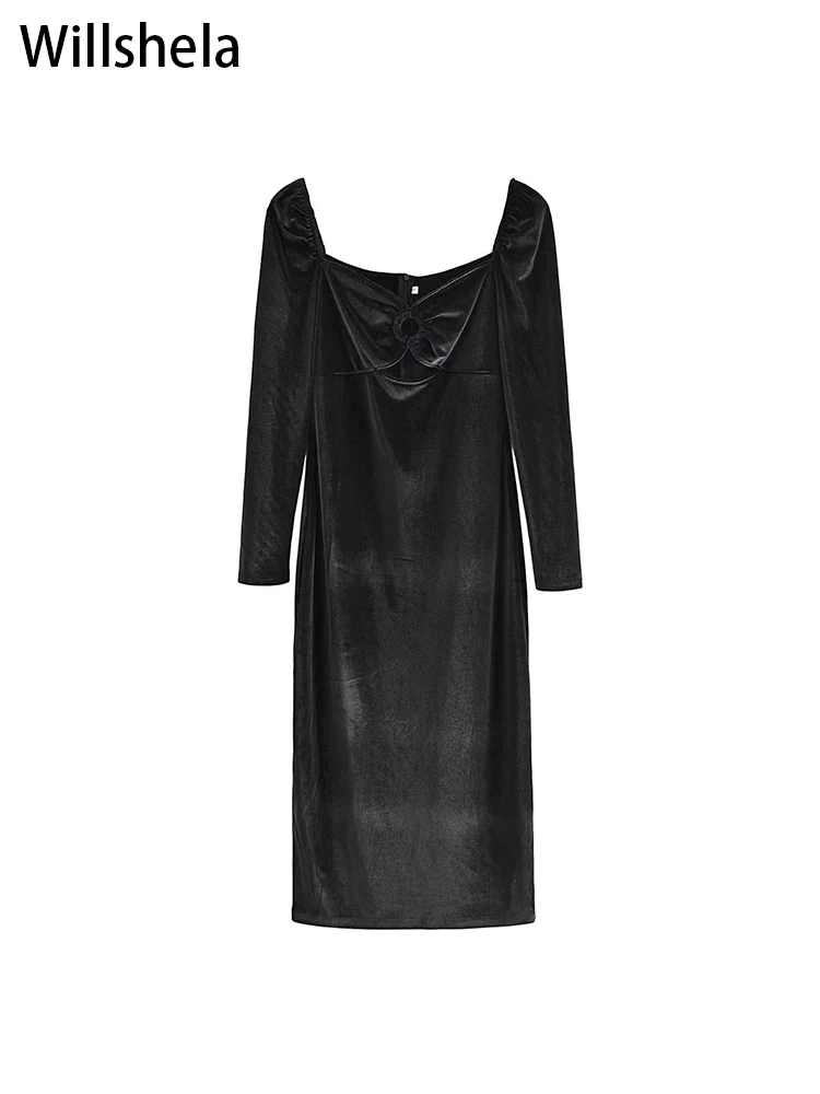 

Willshela Women Fashion Solid Hollow Out Back Zipper Midi Dress Vintage V-Neck Long Sleeves Female Chic Lady Dresses