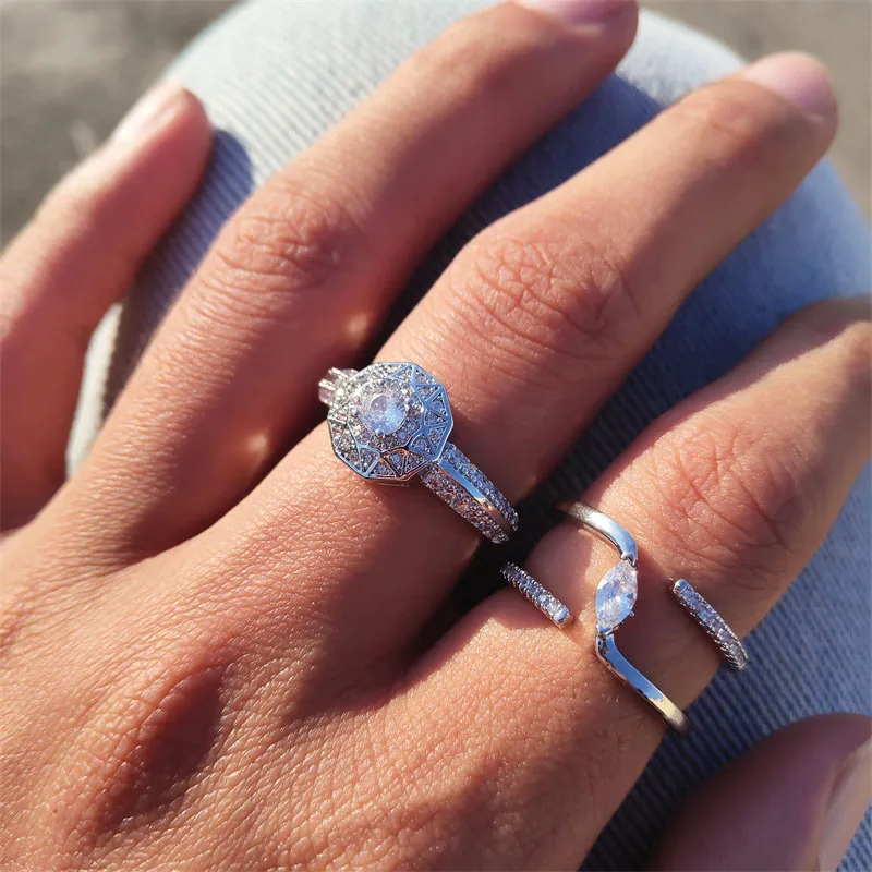 

UILZ Romance Shiny Zircon Stone Finger Rings Silver Color Ring Chic Party Birthday Christmas New Year Jewelry For Women