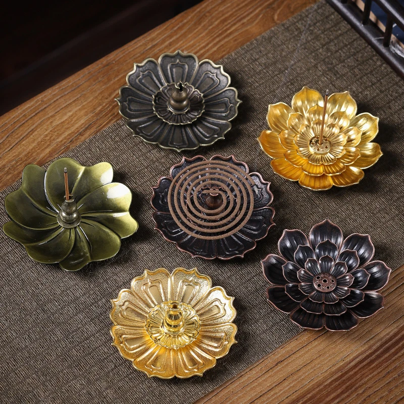 

Alloy Incense Burner Stick Holder Buddhism Lotus Line Incense plate Sandalwood Coil Base Temples Yoga Studios Home Decoration