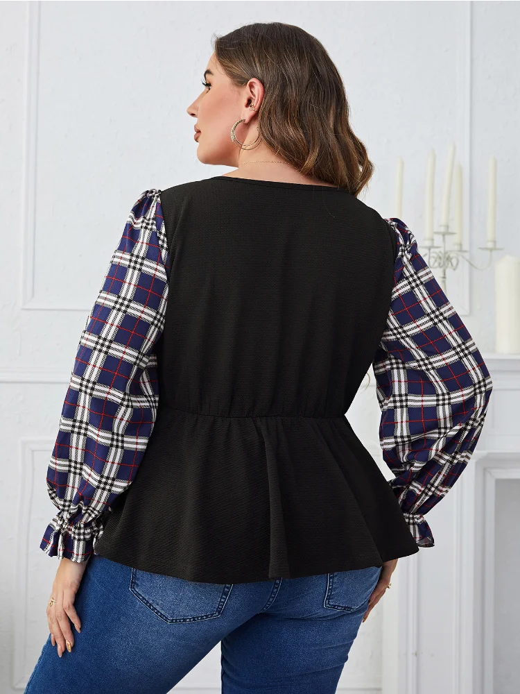 Spliced plaid long sleeved oversized slim fitting women's top plus size women clothing  blusas  plus size feminino