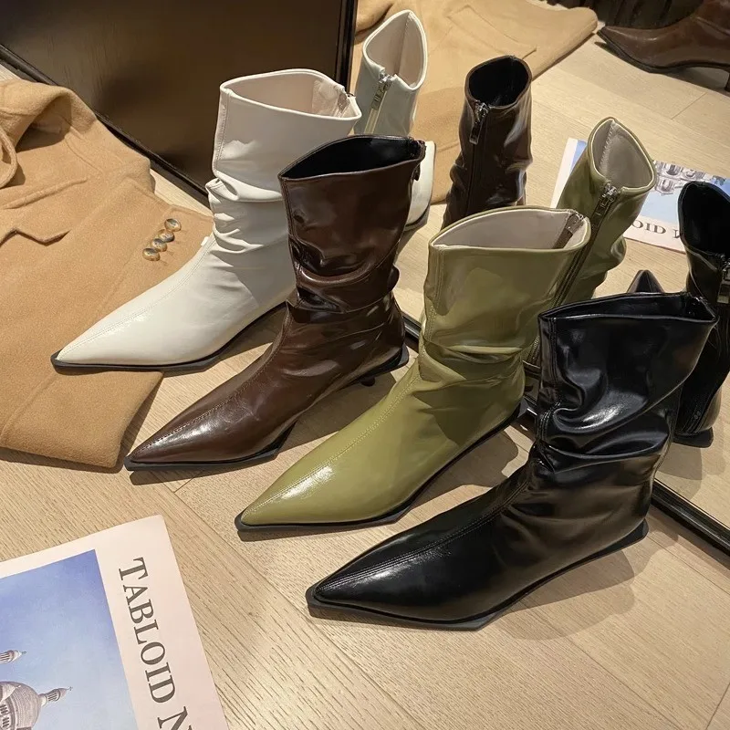 

High-heeled Pointed French Short Boots Women's Shoes 2023 New Fold Pile Boots Spring and Autumn Single Boots Thin Boots
