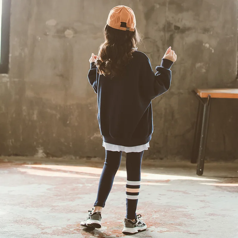 Girls Sweatshirt Sets Spring O-neck Pullover Leggings Two-piece Suit Blue Letter Teens Kids Clothes Tracksuit for Children 12 Y