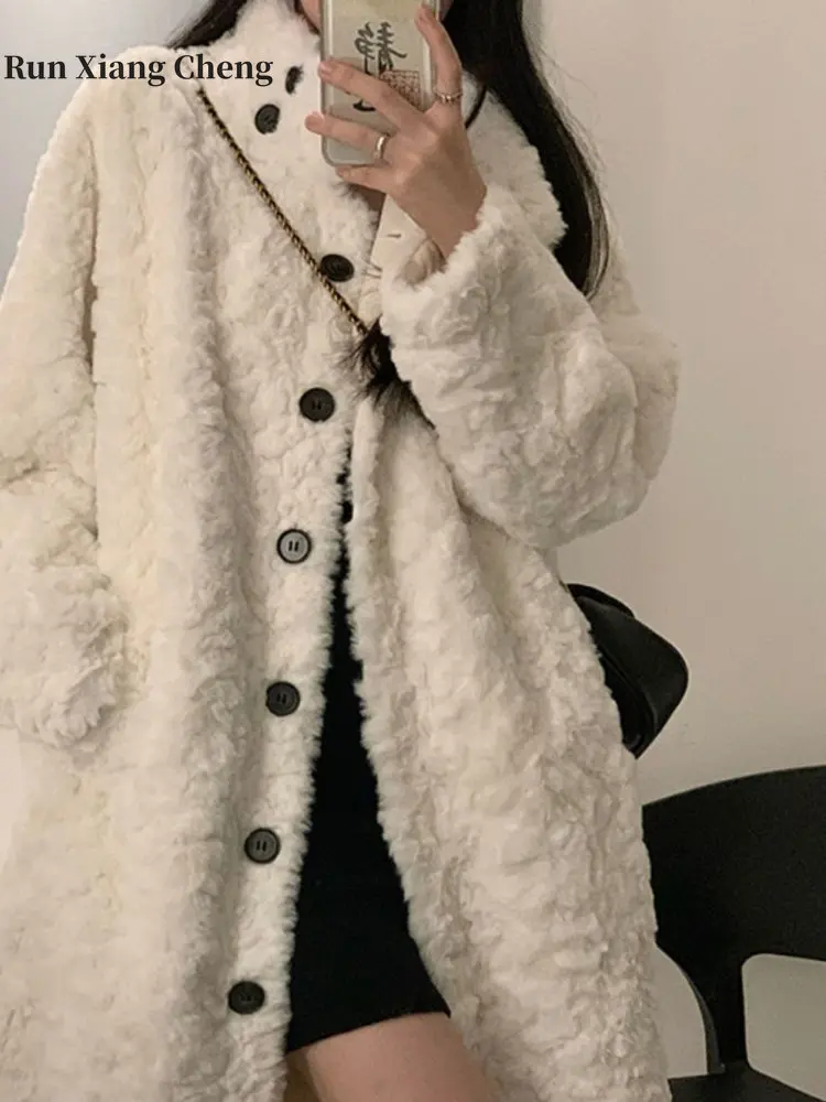 Winter Women's Overcoat 2023 Imitation Rabbit Plush Oversize Korean Fashion Button Designer Medium Length Loose Standing Collar
