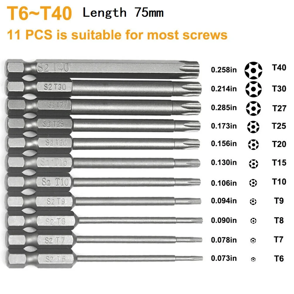 

11Pcs Torx Screwdriver Bit 1/4'' Hex Shank Star Head 75mm Wind Driver Bit Drill Wrench Magnetic Socket T15 T20 T25 T27 T30 T40