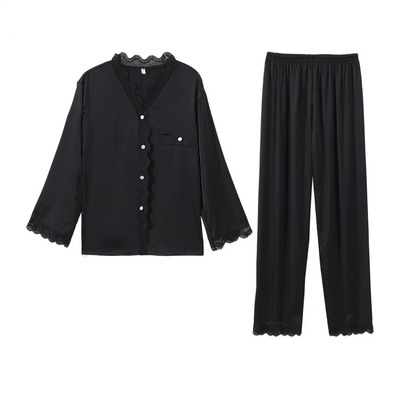 Spring Summer Sexy Silk Lace Long-Sleeved Trousers Pajamas Women's Suit Korean Style Solid Color Home Casual Homewear
