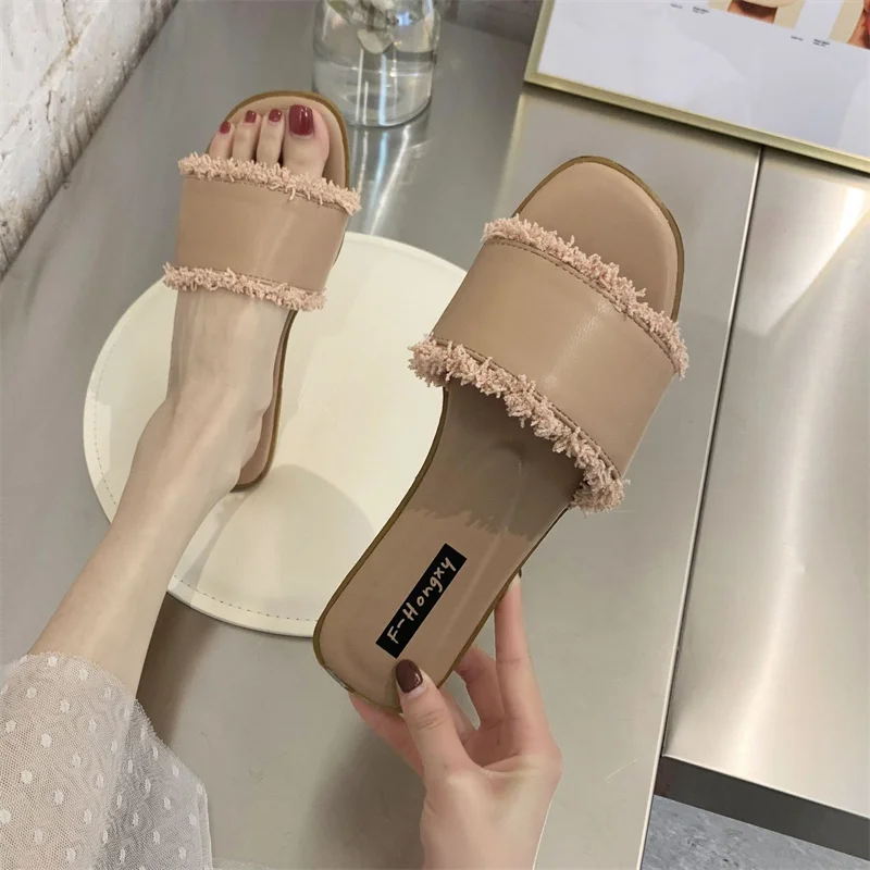

2023 Summer New Sandals Women Slippers Korean Flat Fashion Outerwear Slippers for Women One Word Tassel Sandals Slippers