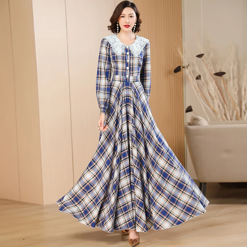

Осеннее клетчатое платье для женщин, длинное платье с широким подолом, женское офисное платье с кружевным воротником, регулируемое платье для дня рождения для девочек