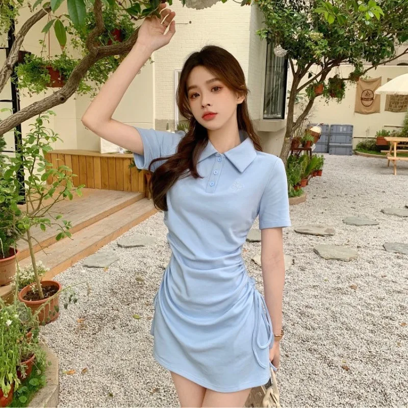 

Preppy Style Sexy Polo Collar Draw String Slim Mini Dresses for Women Party Short Sleeves Cute Bodycon One Piece Dress Summer