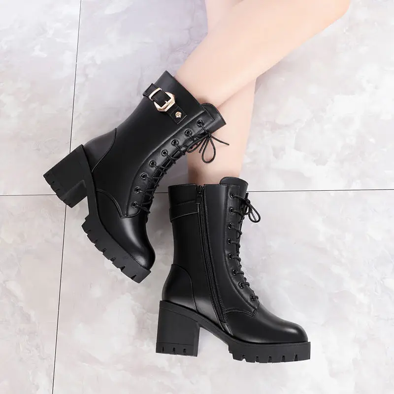 Women Mid-calf Leather Snow Boots Side Zip Boots Modern Female Motorcycle Shoes Plush Lining Winter Warm Footwear