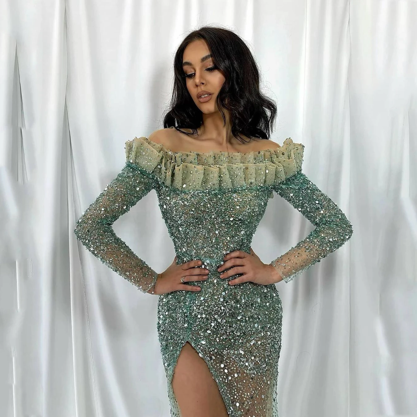 

Sparkling Prom Dresses Luxury Long Sleeve Mermaid Pleated Off The Shoulder High Split Sequin Plus Size Women Pageant Night Gowns