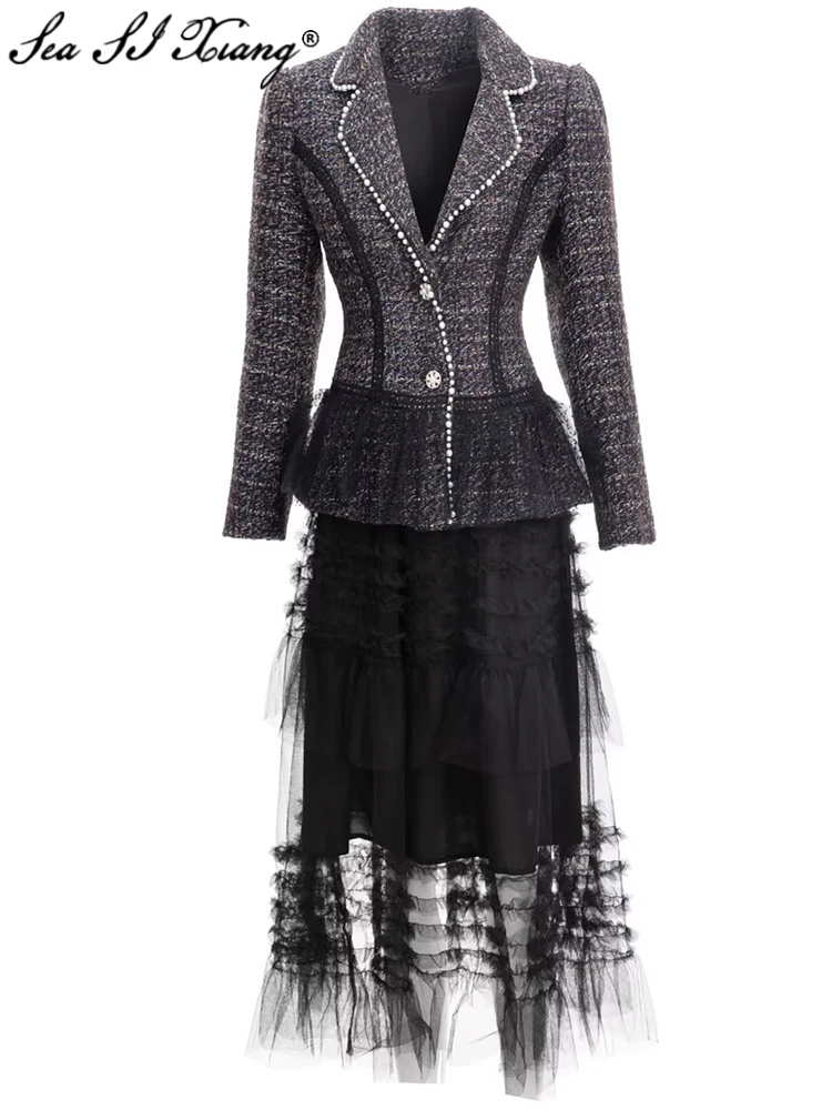 

Seasixiang Fashion Designer Autumn Suit Women Long Sleeves Beading Tweed Jacket + Elastic Waist Mesh Skirt Two Piece Set