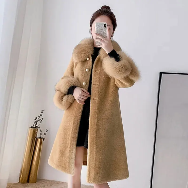 2023 Autumn Winter Faux Fur Coat Women Imitation Sheep Shear Mid-Length Big Hair Collar Loose Warm Particles Fluffy Coats Female