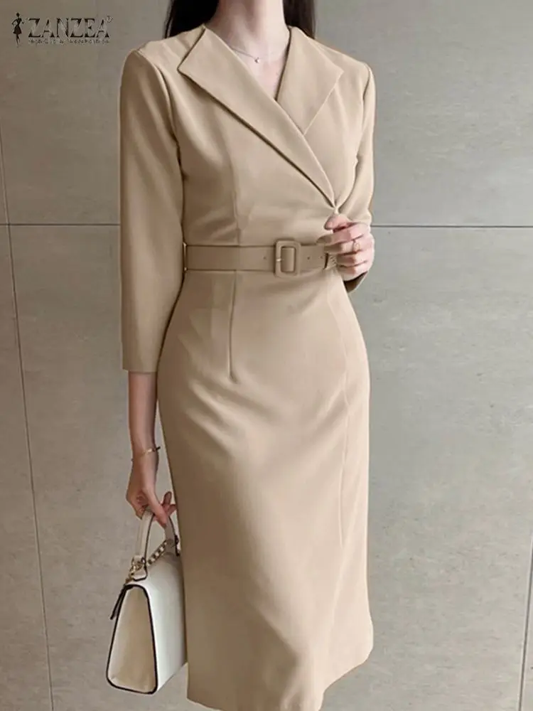 

Платье ZANZEA женское до колена, модный однотонный элегантный офисный сарафан с отложным воротником и рукавом 3/4, боди, для работы