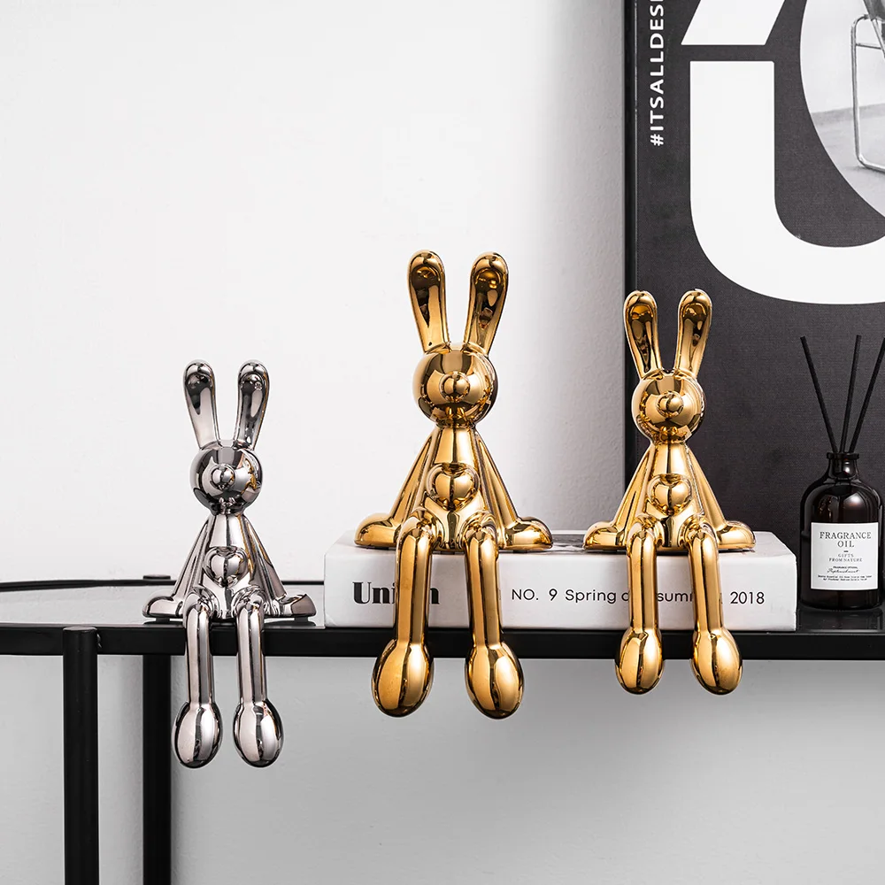 

Nordic Home Decor Creative Electroplating Rabbit Ceramic Sculptures Figurines Miniatures Living Room Decoration Office Desk Gift