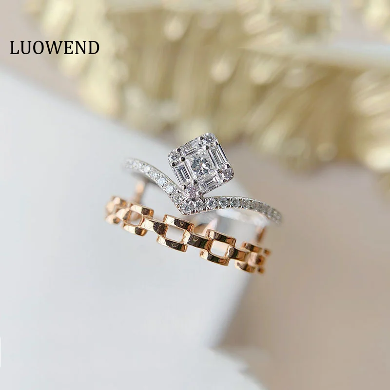 

LUOWEND 100% 18K Rose Gold Rings Fashion Real Natural Diamond Chain Ring INS Style Fine Jewelry for Women Party