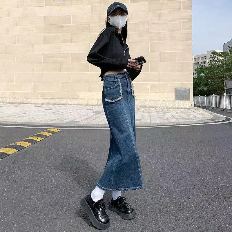 Женская джинсовая юбка-макси с высокой талией разрезом и карманами - купить по