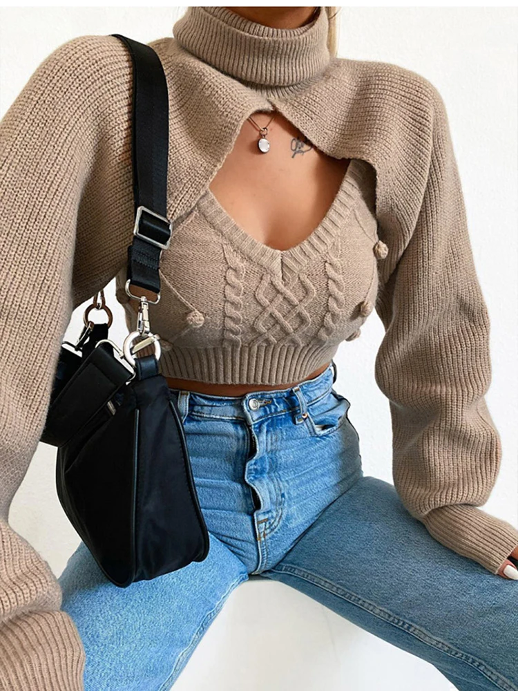 

Simplee Apparel Two piece set women autumn winter turtleneck sweaters vests Sexy backless knit tops Hairball knitted chic jumper