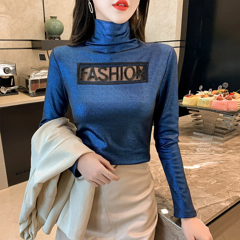 

Осенне-зимняя европейская одежда, футболка, модная сексуальная водолазка с золотой блокировкой, Женские топы с надписью и флисовой подкладкой, 2059