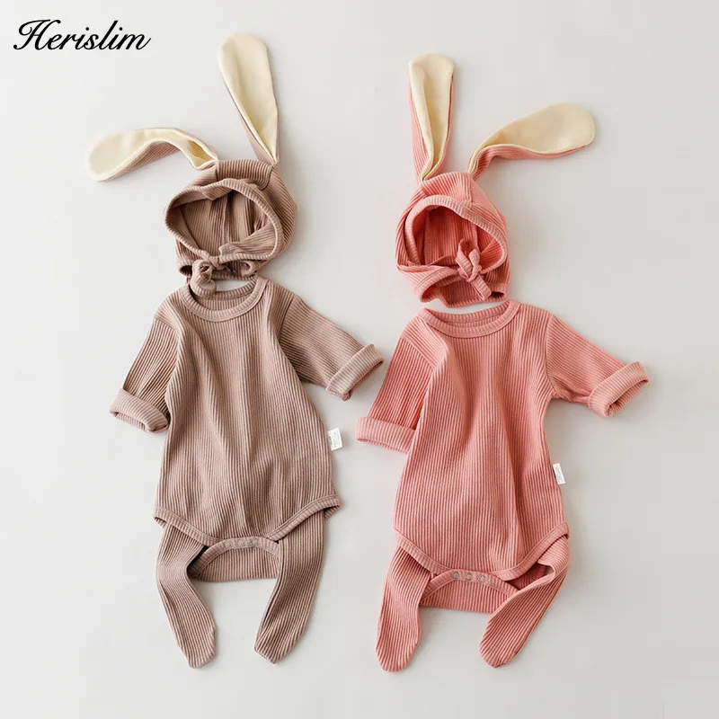 

Newborn Infant Baby Boys Girls Cotton Romper Cute Cartoon Rabbit Ear Playsuit 3 Pieces Long Sleeve Clothing Set Baby Jumpsuit