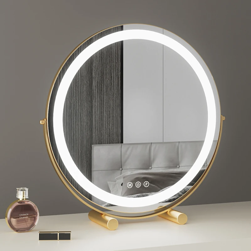

Golden Aesthetic Mirror Standing Toilet Circle Makeup Girls Small Mirror With Light Espelhos Decorativos Decoration Living Room