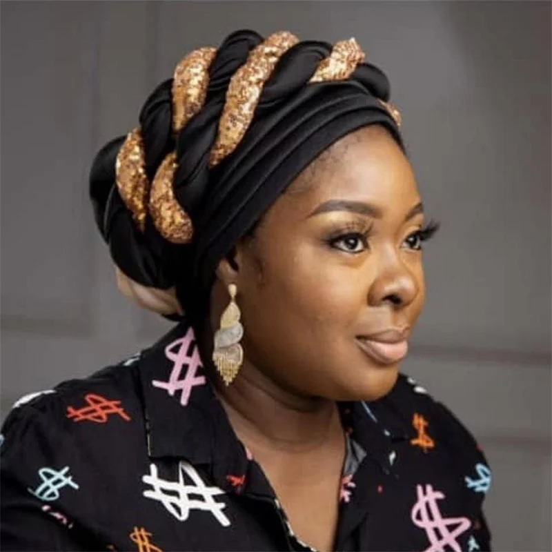 Nigerian Auto Gele Headtie Aso Oke Women Turban Headscarf Beanie Twisted Braid Wrap Hat Faux Pearl Headwrap Already Made