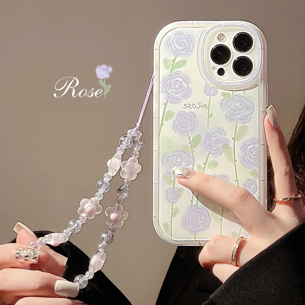 

Romantic Purple Rose Phone Case with Lanyard for iPhone 14 12 13 11 Pro ProMax Plus X XR Xsmax Shockproof Soft Phone Cover