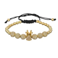 gold tone metal beads zircon decal crown charm adjustable men jewelry bracelet handmade