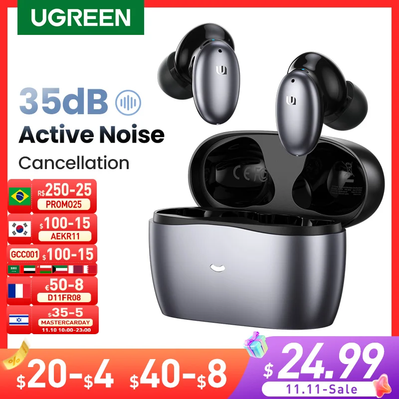 

UGREEN Hybrid 35 дБ с активным шумоподавлением, беспроводные наушники Bluetooth, 6 микрофонов, прозрачные звонки, беспроводные наушники, гарнитура
