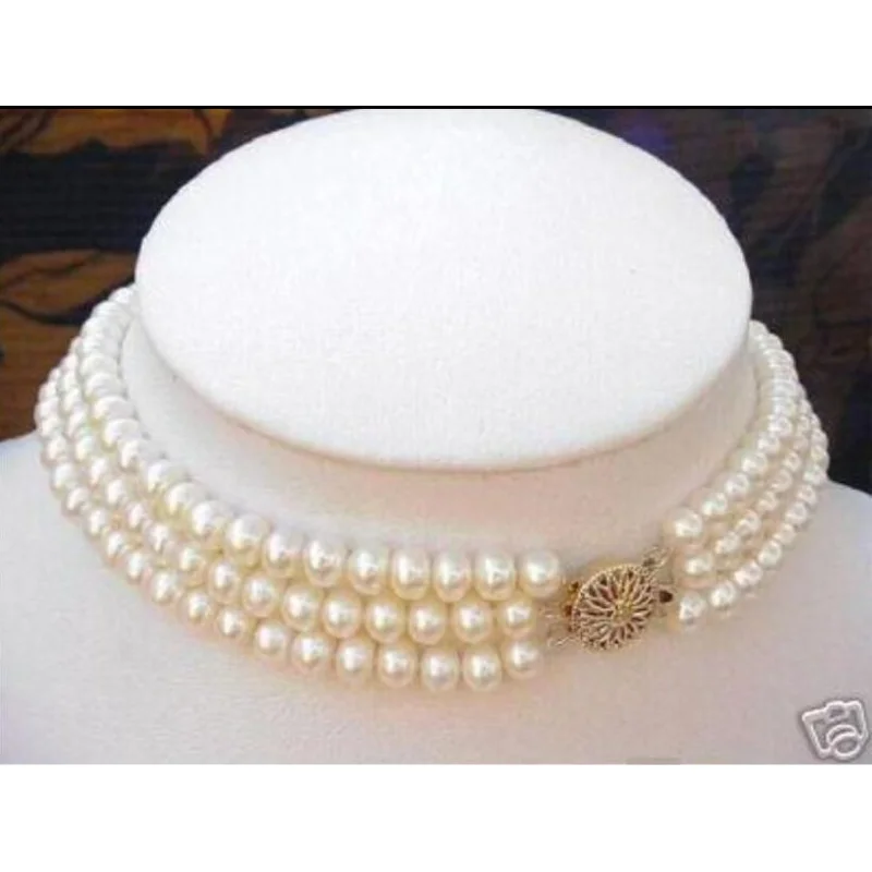 

Real charming south set 3 Strand 8-9MM natural White Pearl Choker Nelace c