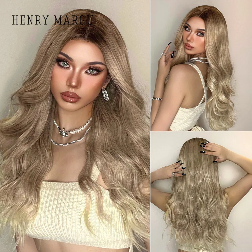 

HENRY MARGU Lace Front Brown Ombe Blonde Wavy Synthetic Wigs for Women Long Midddle Part Wigs Daily Cosplay Use Heat Resistant