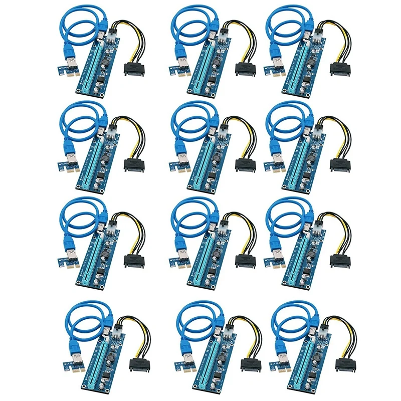 

12 шт./лот 1X до 16X Экспресс-удлинитель Райзер-карта USB 3,0 Pcie удлинитель SATA 15pin до 6pin кабель питания для биткоина