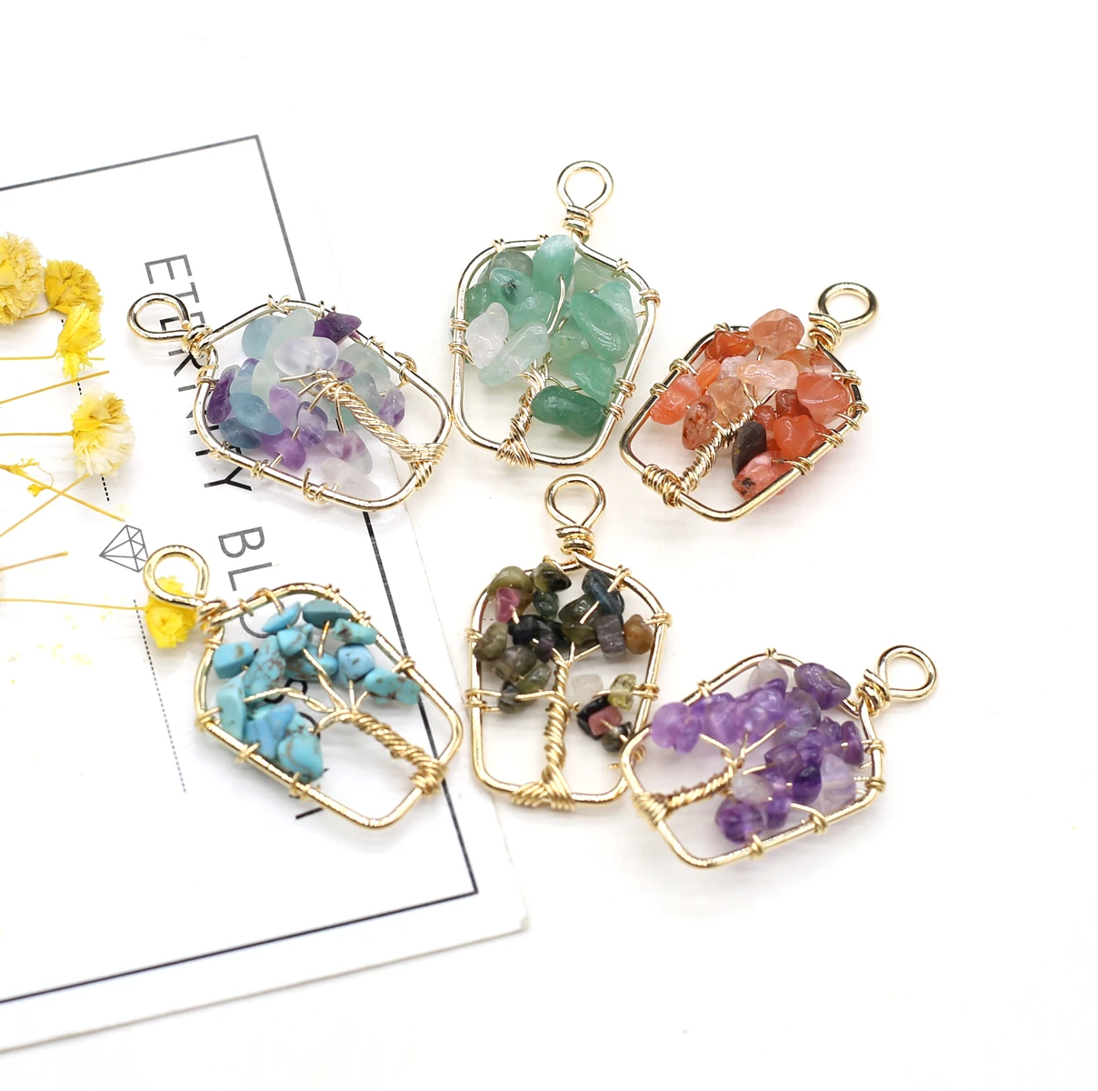 

Natural Stone Pendant Rectangle Shape Chip Crystal Stone Life Tree Wire Hand Knitting Charm for Jewelry Making Necklace Bracelet