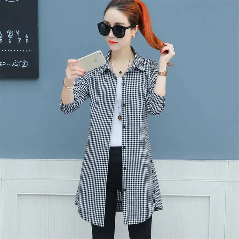 Женская длинная клетчатая рубашка женская куртка весна-лето 2024 новое корейское