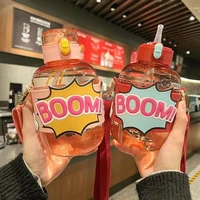 creative boom cute simple plastic water cup anti fall large capacity kettle with straw strap portable tritan drinking bottle
