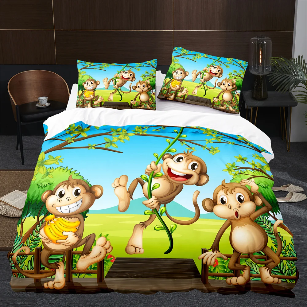 

Lovely Cartoon Animal Bedding Set King Queen Monkey Duvet Cover for Kids Boy Girl Green Jungle Tree 2/3pcs Polyester Quilt Cover