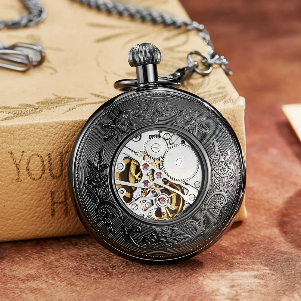 Vintage Crowns Design Carved Hollow Number Dial Mechanical Pocket Watch Men Chain Black Steampunk Black Mechanical Watch Clock