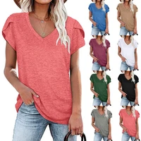 womens 2022 spring and summer new solid color v neck short sleeved t shirt loose casual top female lady clothing