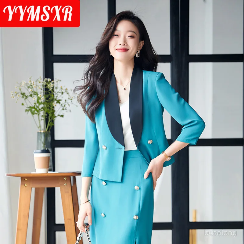 S-4XL Summer New High Quality Elegant Women's Suit Two Piece Stylish Double Breasted Cropped Ladies Jacket High Waist Skirt