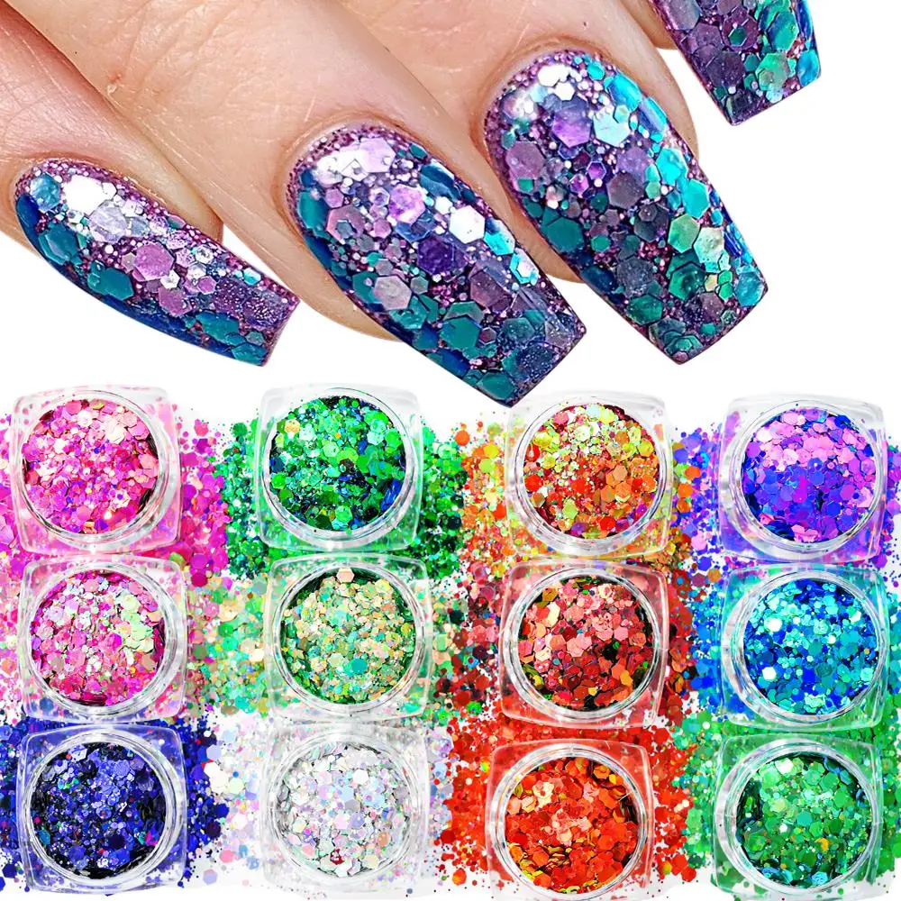 

12colors/Set Iridescent Color-Shift Nail Art Glitter Flakes Chameleon Nail Sequins Hexagon Holographic Laser Glitter Manicure DI