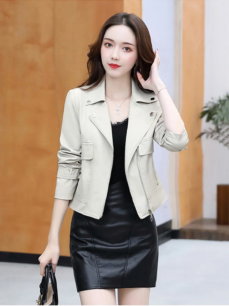 New Bright Beautiful Leather Jacket Spring Autumn Fashion Turn-down Collar Slim Short Leather Coat Classic Chic Outerwear