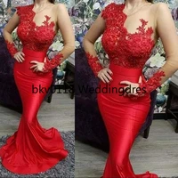 red prom dresses sheer long sleeve appliques sexy mermaid illusion top satin floor length vestidos de festa formal evening gowns