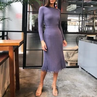 vintage women long sleeve o neck waist tight knitted pleated midi sweater dress