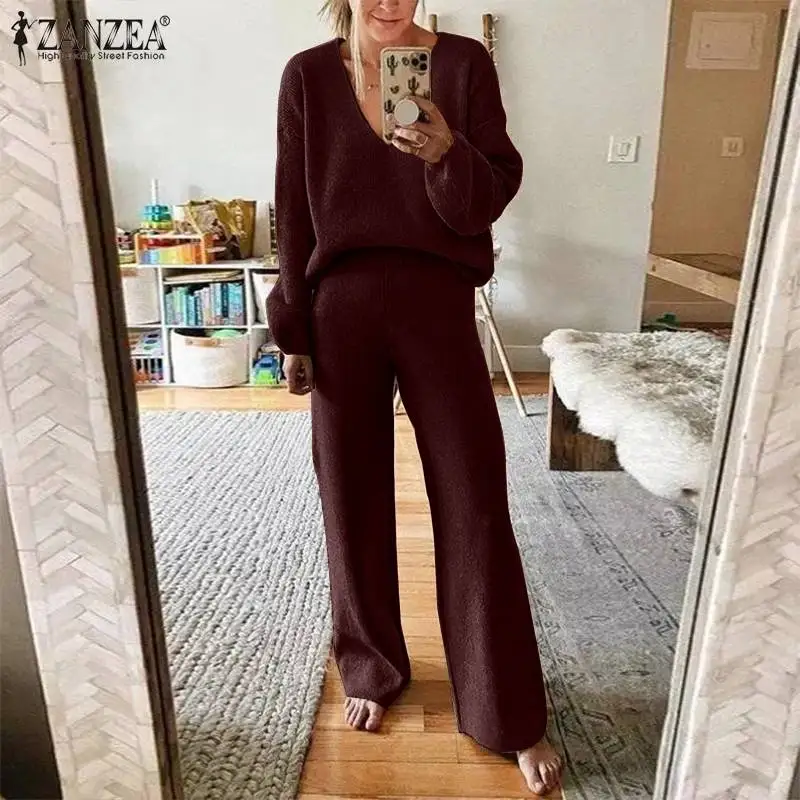 

Костюм Caftan из 2 предметов ZANZEA 2022 блузка с длинным рукавом и V-образным вырезом и однотонные брюки женские брюки с эластичным поясом женские п...