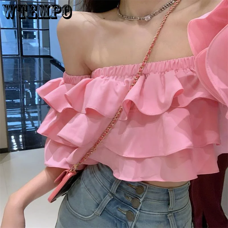 

Pink Sweet Ruffled Edge Women Blouse Slash Neck Strapless Short Top High Waisted Slim Sexy Fairy Style Korean Fashion Summer