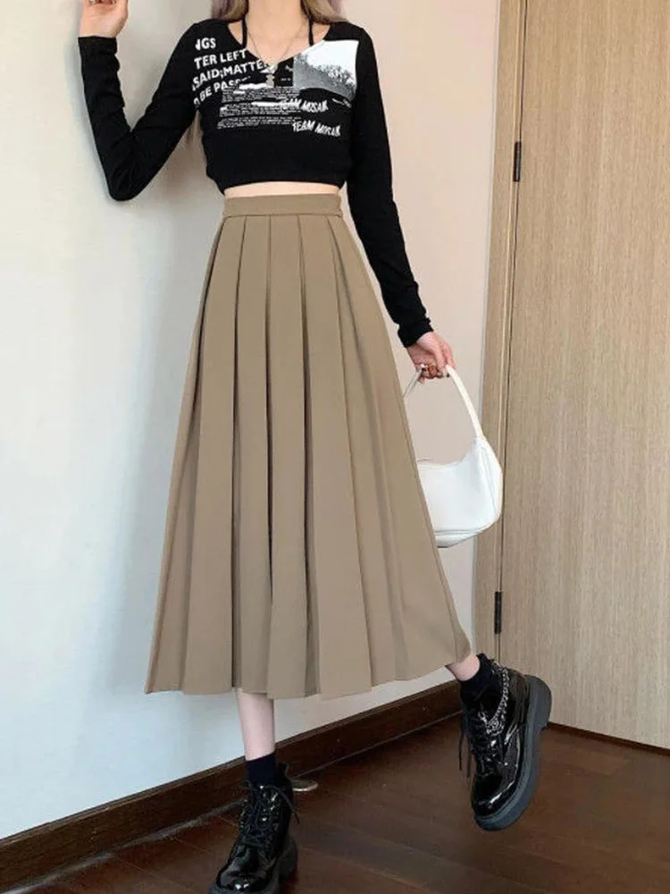 

Женская плиссированная юбка с завышенной талией, однотонная элегантная шифоновая черная длинная юбка-трапеция, лето-весна 2022