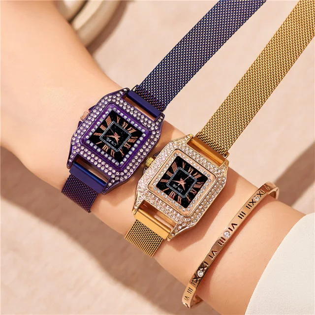 

Ladies fashion casual rose gold quartz watch ladies watch square full diamond luxury female clock ladies watch