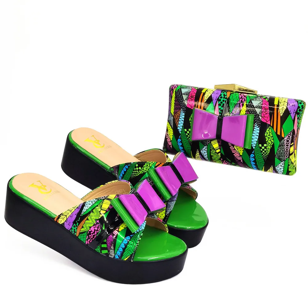

African round head pattern shoes and bags combination bow buckle thick bottom high-heeled muffin one-line high-heeled slippers
