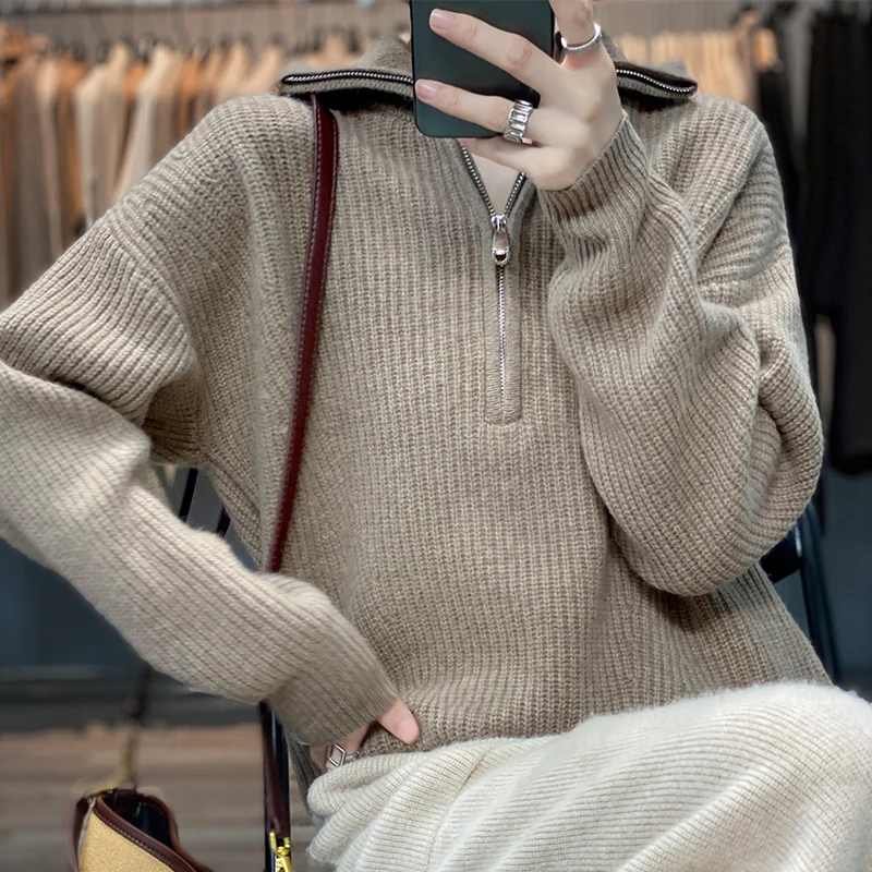2022 Women Cosy Cashmere Pullovers Sweaters Red Grey White Quater Zipper Turn Down Collar Sheep Wool Knitted Tops Autumn Winter enlarge
