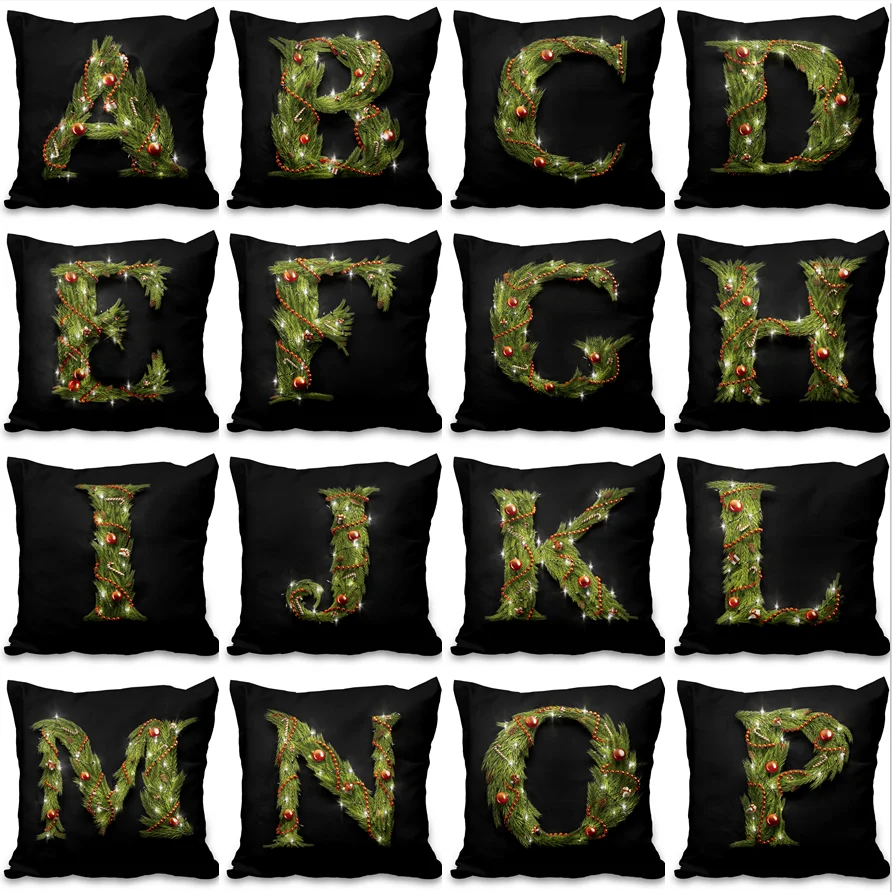

Christmas Pine Branch Theme Green Letters Pillowcase Square Nordic Fashion Home Couch Decor Flannel Soft Cushion Pillow Cover